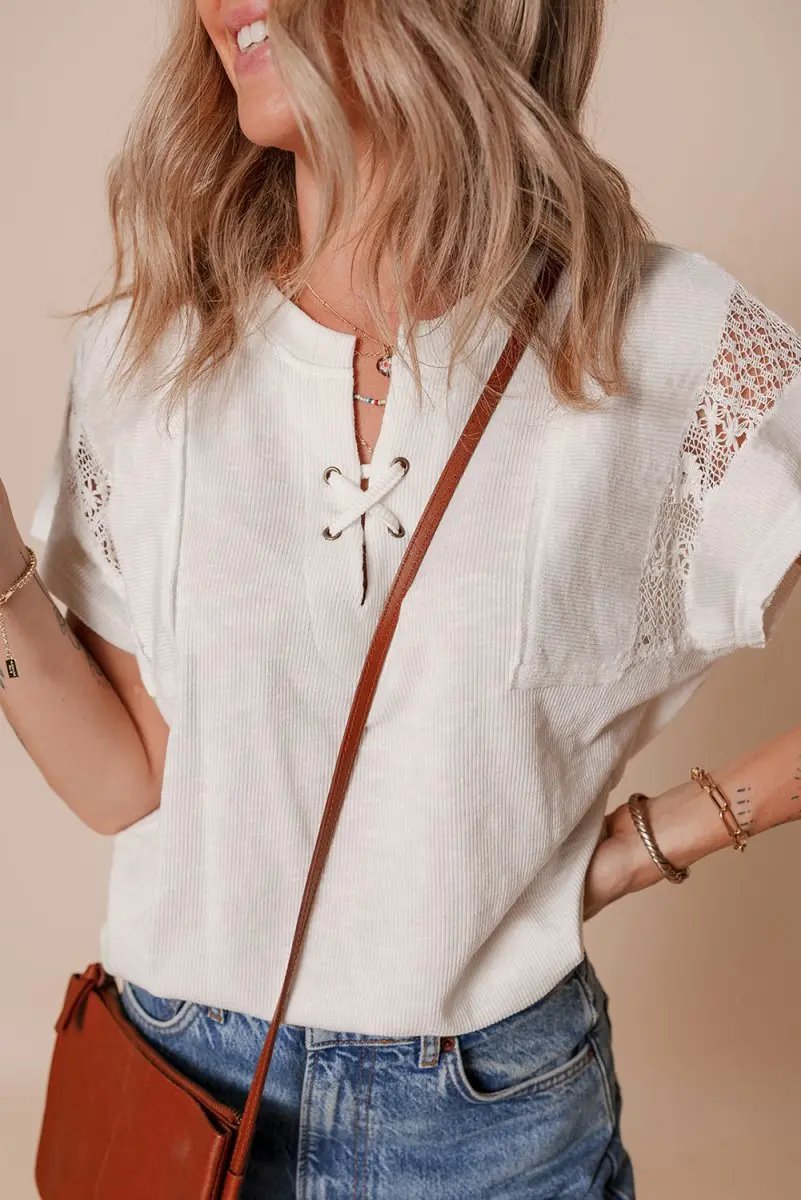 White Ribbed Texture Lace Patchwork Short Sleeve Top for Women - Love Salve